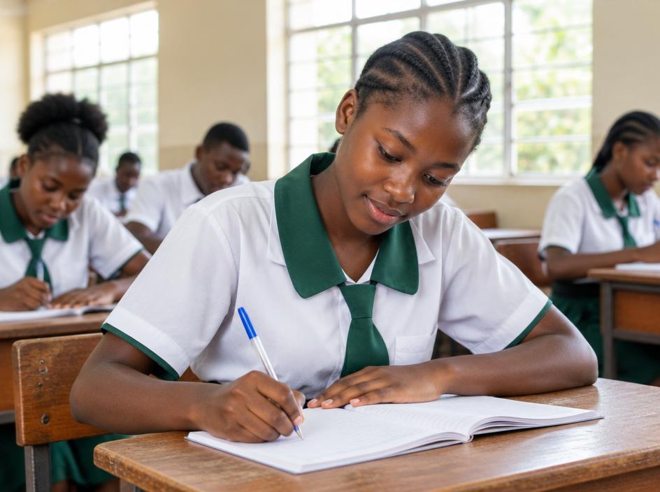 Illustrative Nigerian student writing in a classroom
